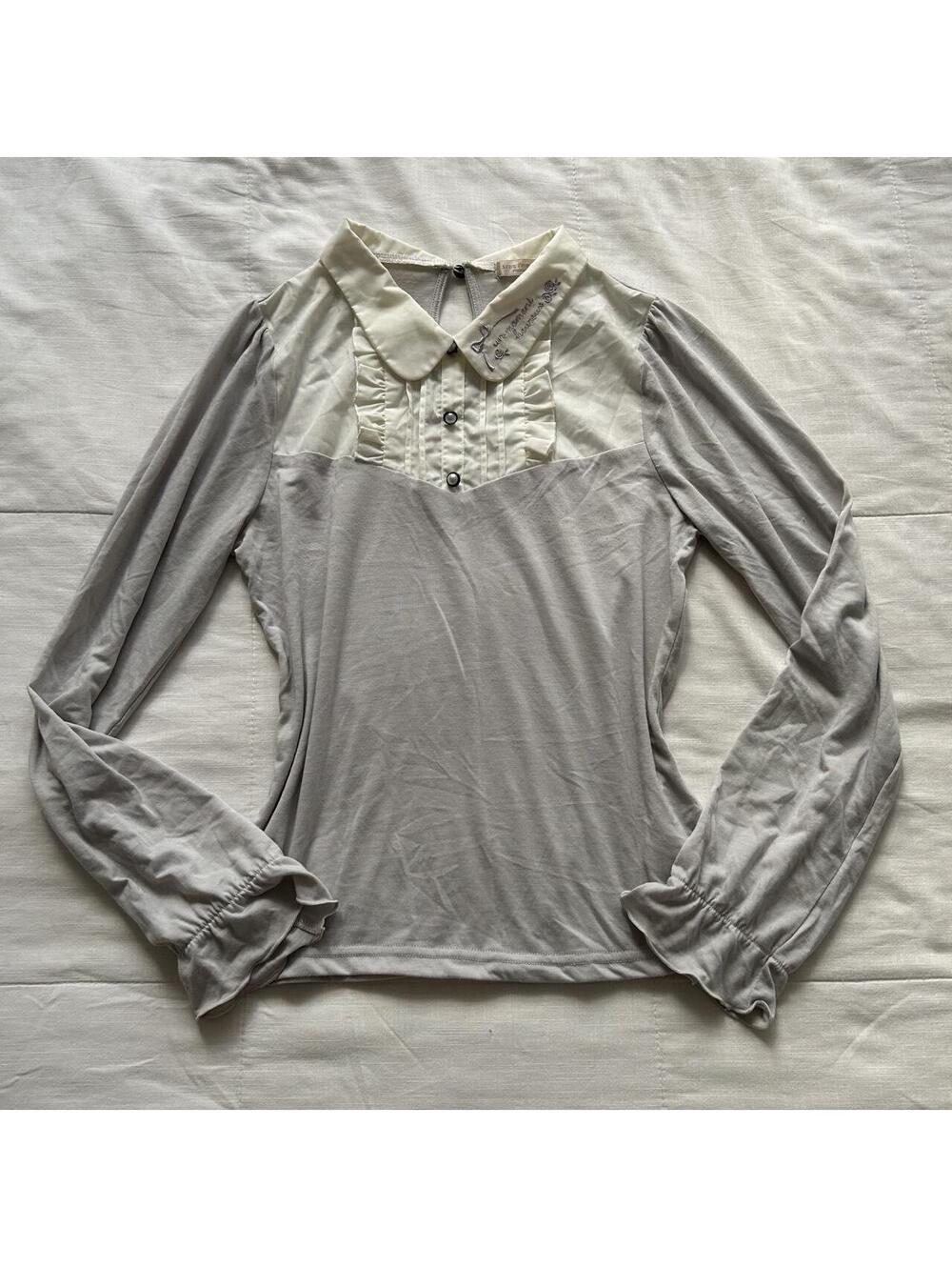Axes Femme Gray Cream Embroidered Peter Pan Collar Ruffle Top Medium Japan